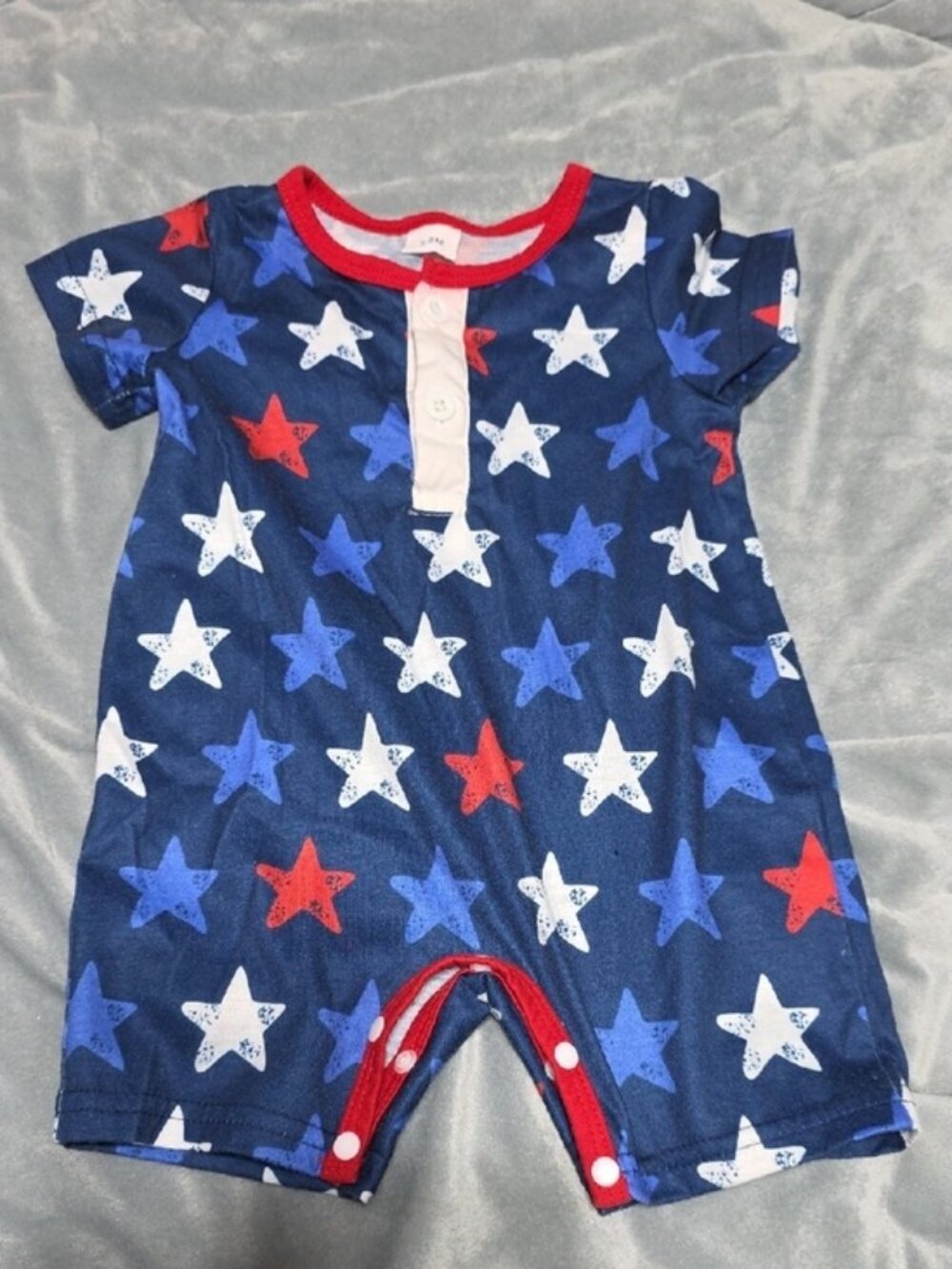 Navy Star Print Baby Romper with Red Trim